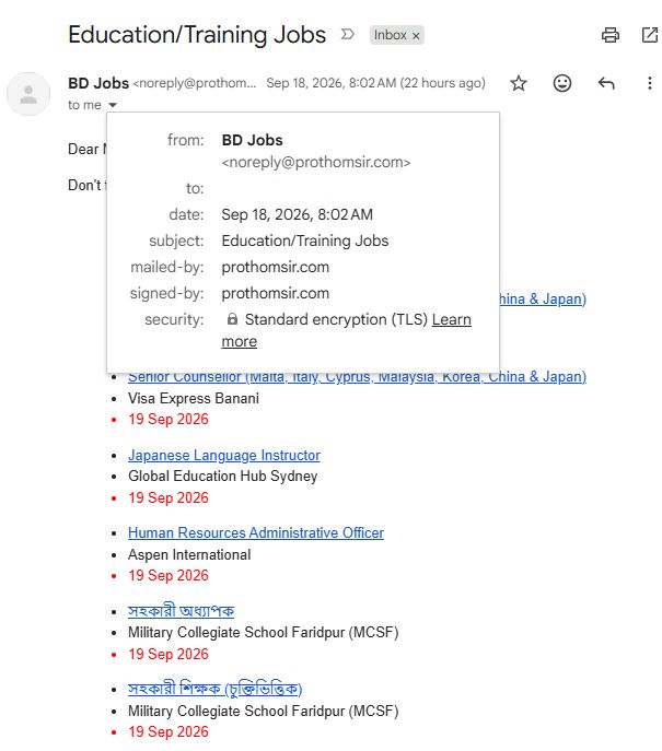 Screenshot of the phishing email posing as BDJobs, sent from prothomsir.com