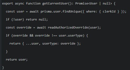 Code: getCurrentUser applies an admin override to a single userType field